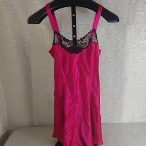 100% silk vintage hot pink slip dress black lace